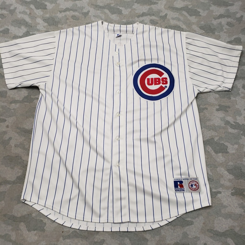 Vintage Chicago Cubs Shirt Men XL White Russell Athletic Grace #17 Pin Strip MLB